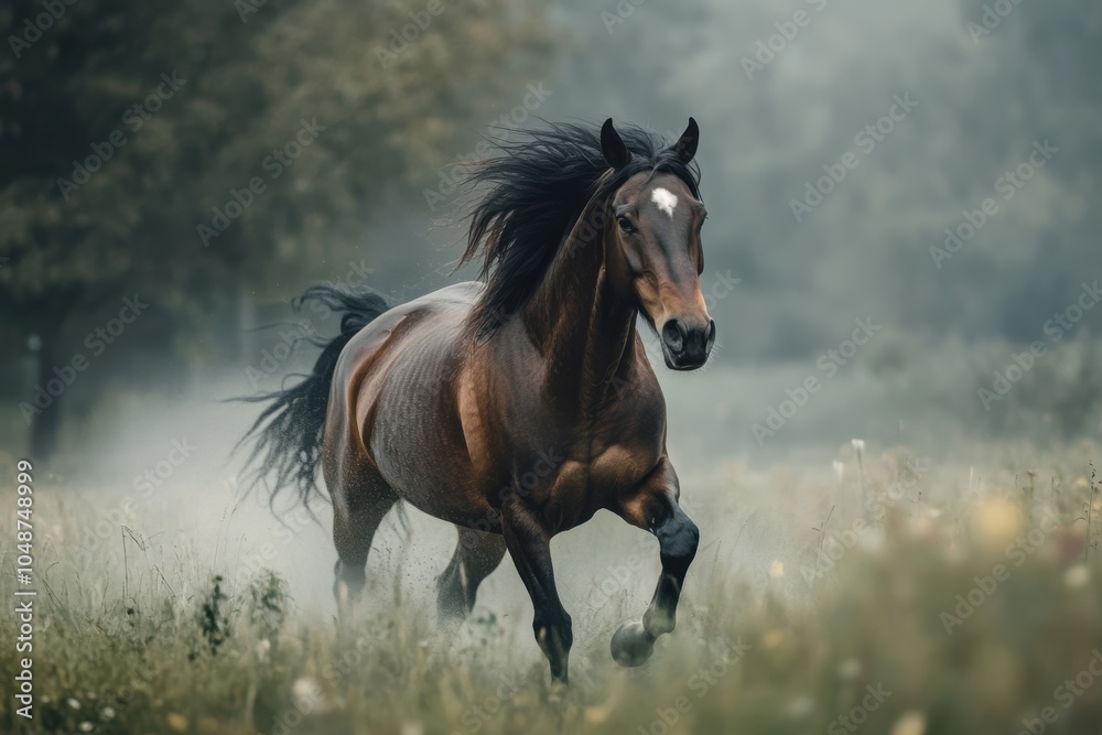 Horse galloping through a rain-soaked meadow, mane flying wild, motion blur enhancing the raw energy and beauty of its untamed spirit, majestic, powerful, nature, wild, speed. Horse galloping through a rain-soaked meadow, mane flying wild, motion blur enhancing the raw energy and beauty of its untamed spirit, majestic, powerful, nature, wild, speed.