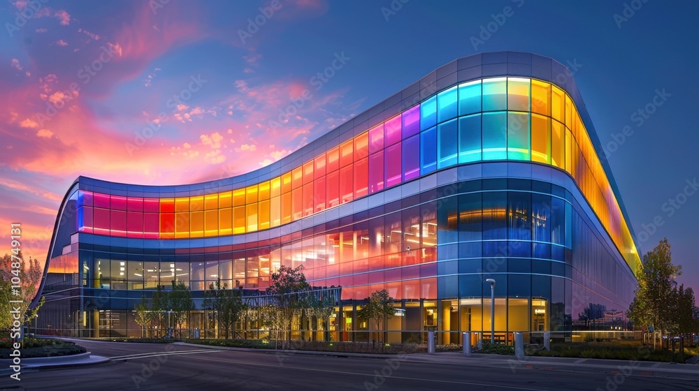 Fototapeta premium Hospital with a striking facade that changes colors with the seasons, utilizing advanced materials and lighting technology to create a dynamic appearance