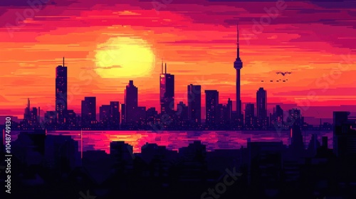 Vibrant Sunset Over City Skyline in Pixel Art Style