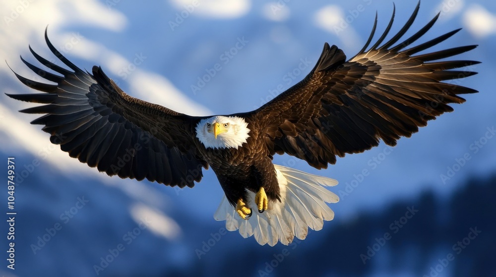 Fototapeta premium A bald eagle in mid-flight, its powerful wings cutting through the air with precision.