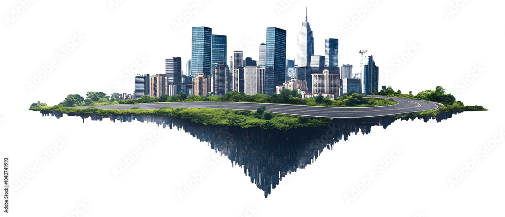 Fototapeta premium Flying island with road and modern city on transparency background PNG isolated on white background