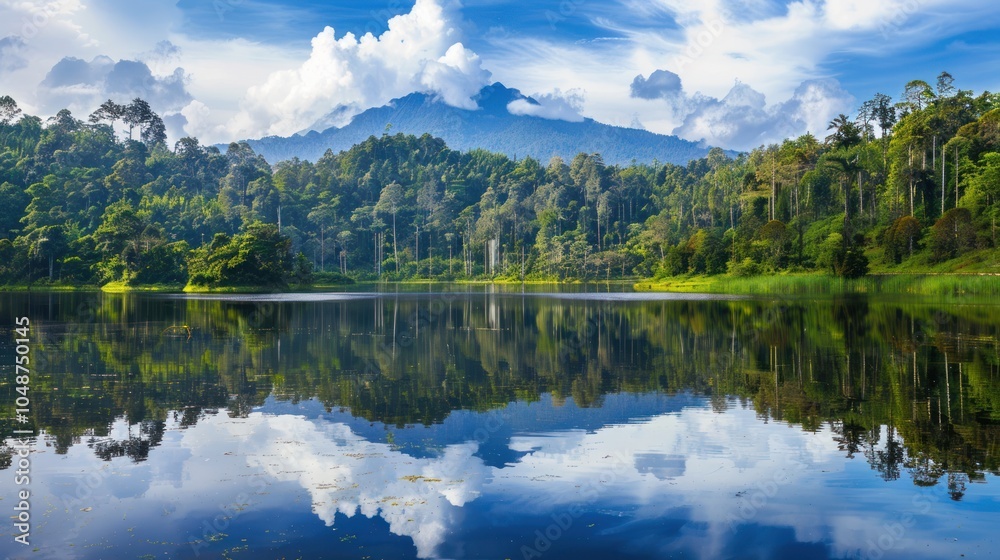 Fototapeta premium Tranquil lake reflecting a misty mountain and cloudy sky