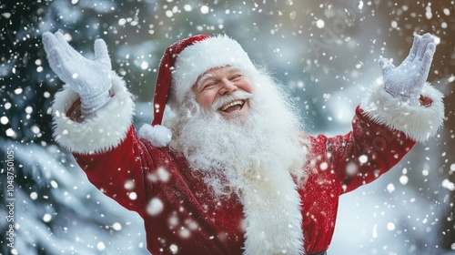 Santa Claus standing joyfully with a big smile, iconic red suit and white beard, on a snowy white background.