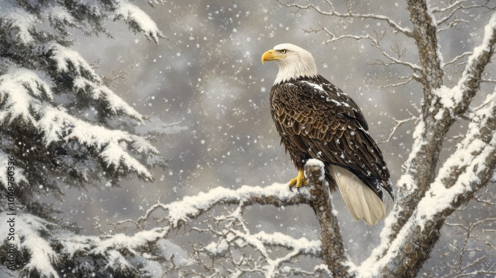 A bald eagle perched on a snowy tree, its feathers contrasting sharply with the winter landscape.