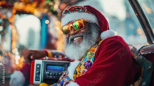 Santa Claus with a boombox and colorful hat, leaning back with a joyful smile, looking like the life of the Christmas party. photo