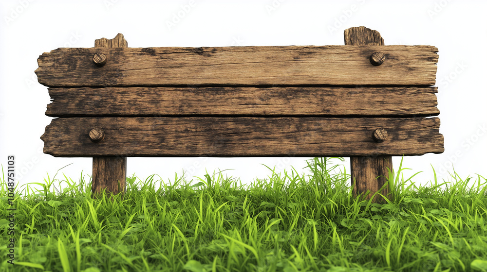 Rustic wooden signboard on grass with weathered texture and space for text against white background Rustic wooden signboard on grass with weathered texture and space for text against white background
