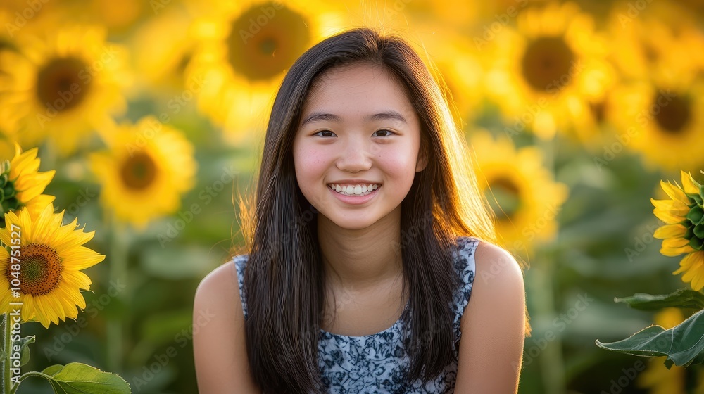 Smiling Girl Surrounded by Bright Sunflowers Smiling Girl Surrounded by Bright Sunflowers