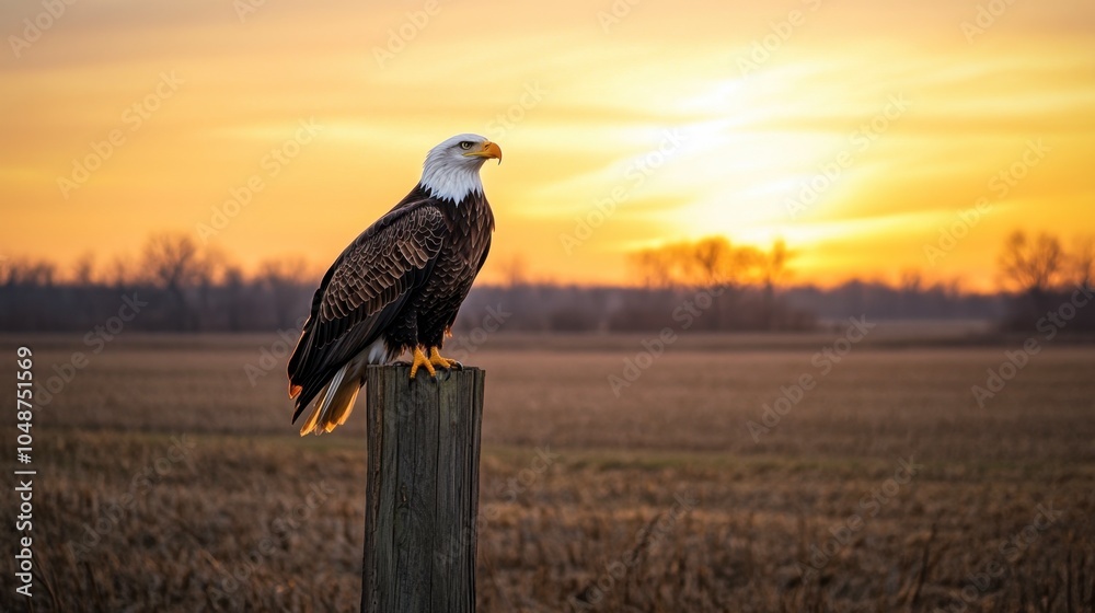 Fototapeta premium A bald eagle perched on a wooden post, overlooking a vast open field at sunrise.