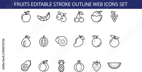 A set of 18 black outline icons depicting various fruits, including apple, banana, blueberry, cherry, watermelon, and more.