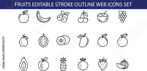 A set of  editable stroke outline web icons representing various fruits, including apple, banana, blueberry, cherry, coconut, grape, pear, plum, kiwi, mango, orange, avocado, peach, pineapple, tange