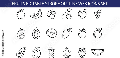 A set of 18 line art icons representing various fruits including apple, banana, blueberry, cherry, coconut, grape, avocado, papaya, kiwi, mango, orange, pineapple, pomegranate, and strawberry.