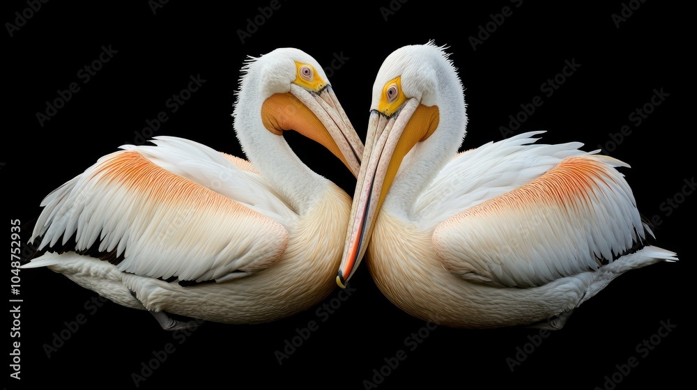 Tender Great White Pelicans (Pelecanus onocrotalus) kissing isolated on black background Tender Great White Pelicans (Pelecanus onocrotalus) kissing isolated on black background