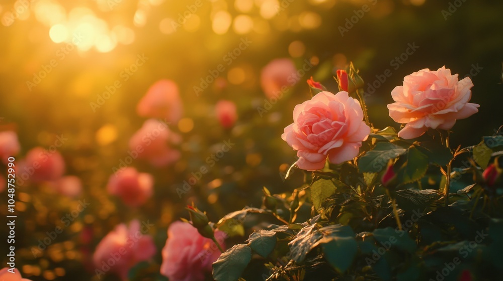 Obraz premium A blooming pink rose garden at dusk, bathed in the warm, golden light of the setting sun.
