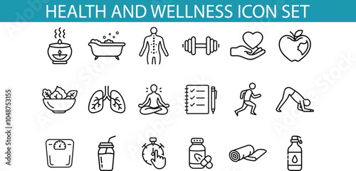 A set of 18 black and white line icons representing various aspects of health and wellness, including fitness, nutrition, relaxation, and mindfulness.