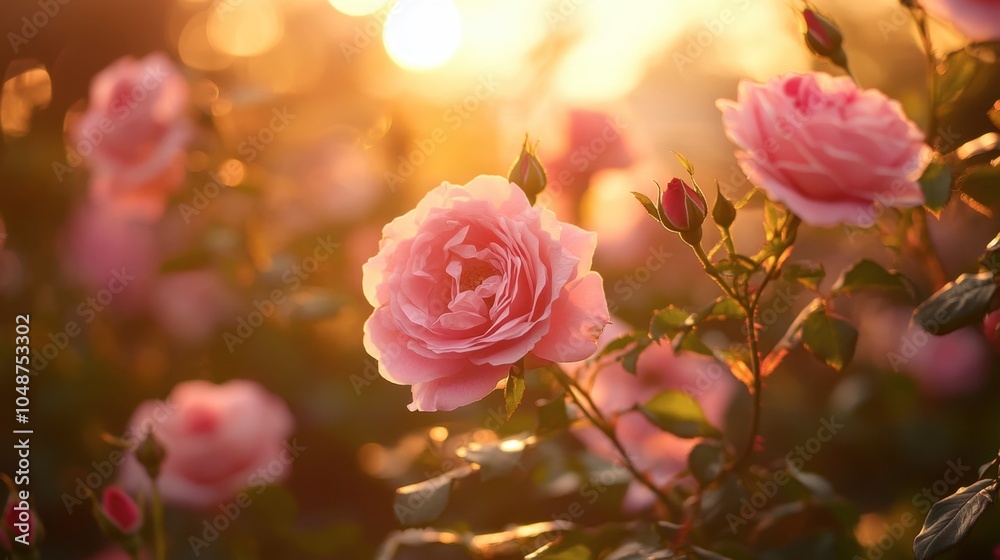 Obraz premium A blooming pink rose garden at dusk, bathed in the warm, golden light of the setting sun.