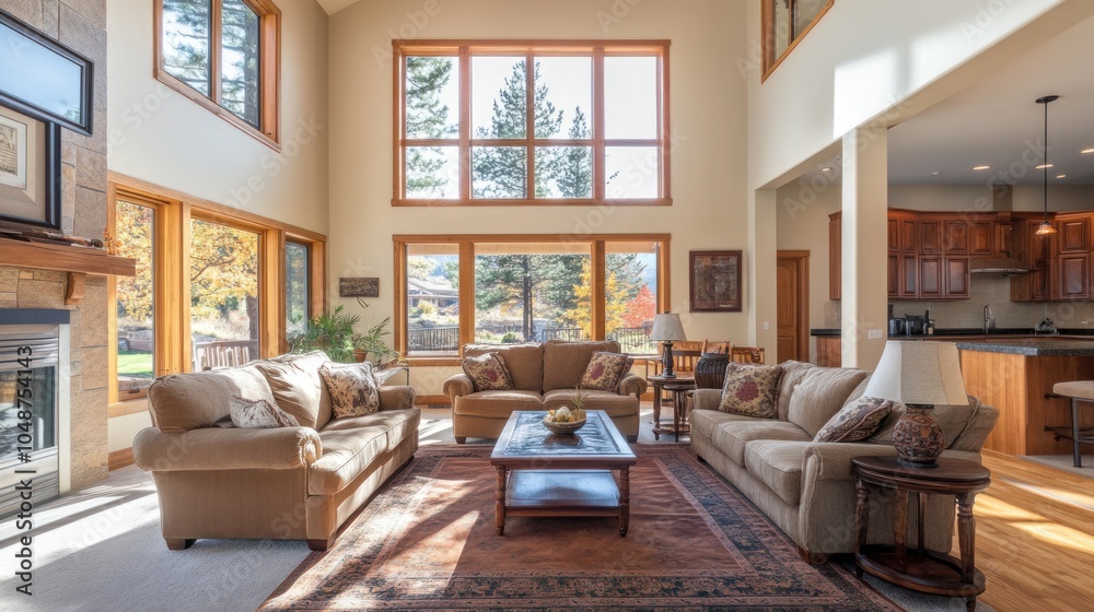 Fototapeta premium Spacious living room layout, featuring ample seating, open space, and large windows that let in plenty of light.