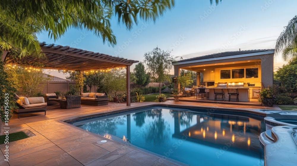 Fototapeta premium Luxurious backyard oasis with swimming pool, outdoor living area, and kitchen at sunset