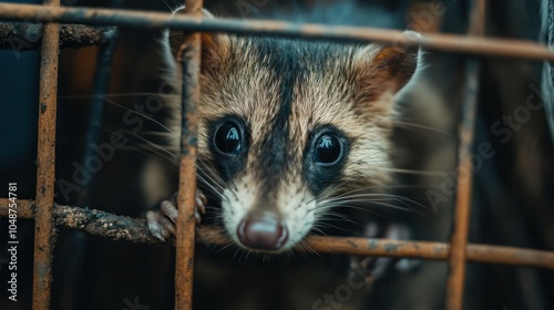 trapped opossum marsupial. Pest and rodent removal cage. Catch and release wildlife animal control service. Copy space image. Place for adding text or design photo