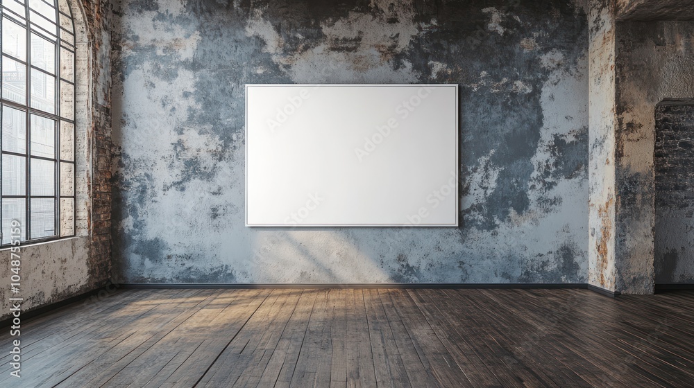 Blank canvas mockup in a grunge industrial loft with wooden floors.