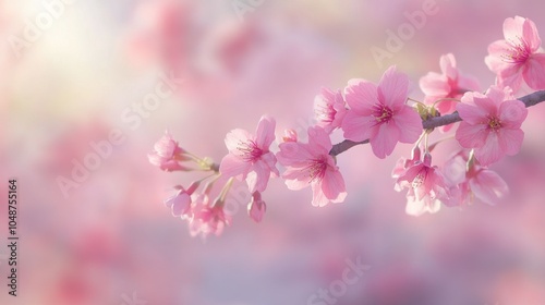 A branch of cherry blossoms in full bloom, with soft pink flowers cascading against a blurred background.