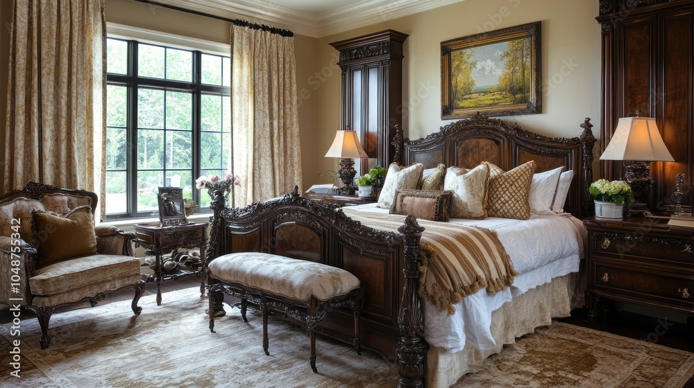 Obraz premium Traditional bedroom design with classic wooden furniture, ornate details, and rich fabrics that evoke a timeless elegance.