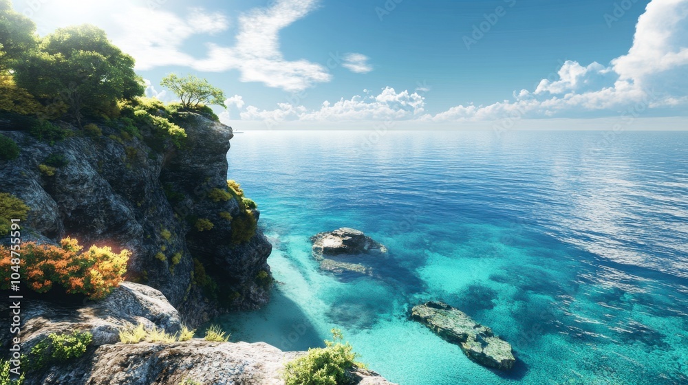 Fototapeta premium A breathtaking view from a high cliff overlooking a crystal-clear ocean on a sunny day.