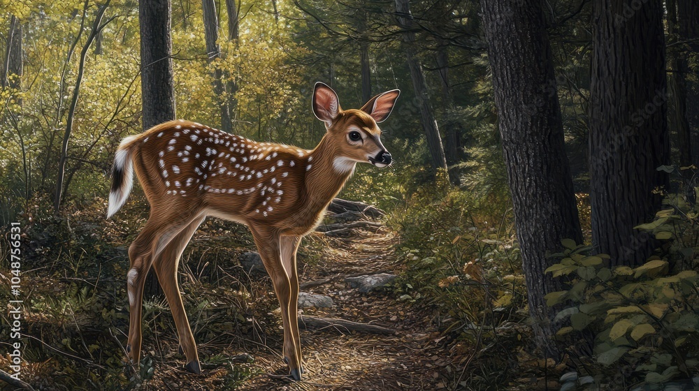 White tailed deer fawn witj hind on natural trail in north Wisconsin. White tailed deer fawn witj hind on natural trail in north Wisconsin.