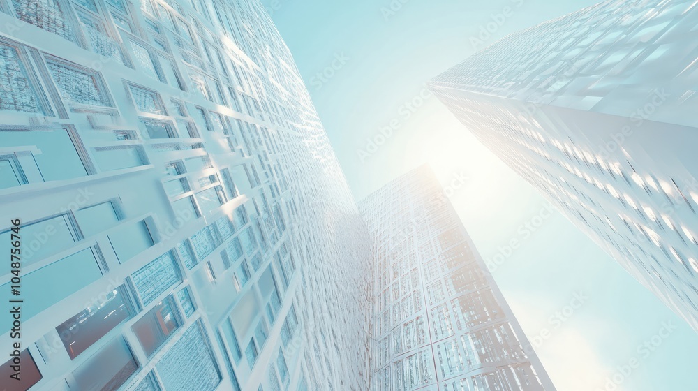 Fototapeta premium Wide angle abstract background view of steel light blue high rise commercial building skyscraper made of glass exterior. concept of successful industrial architecture and office center building