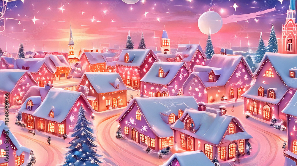 Naklejka premium Christmas Harmony in a Joyful Cartoon Wonderland with Christmas Trees, Cheerful Decorations, and Enchanting Details, Illuminating a Festive Village