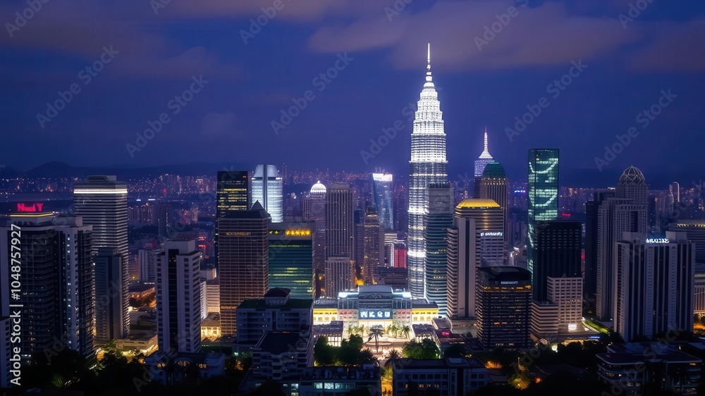 Obraz premium Kuala Lumpur night skyline with bright city lights, skyscrapers, urban, Kuala Lumpur