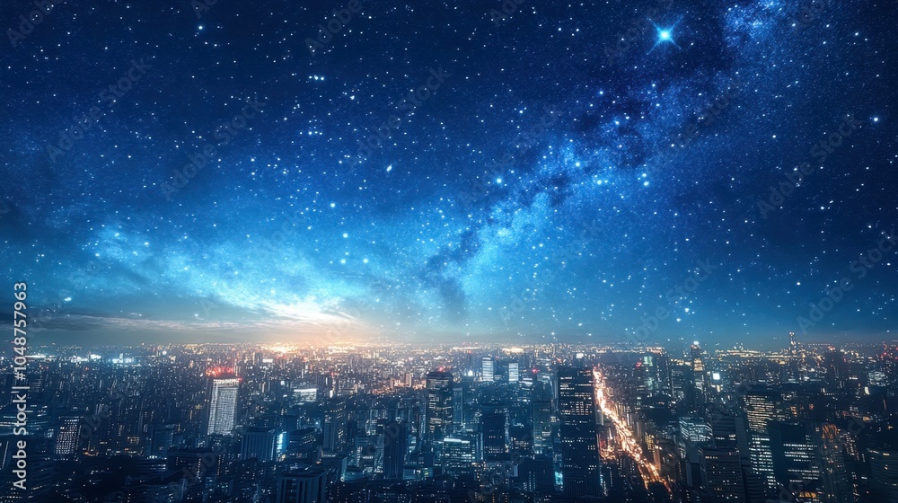 Fototapeta premium A city skyline under a blue sky, where stars and the Milky Way galaxy become visible as the evening deepens.