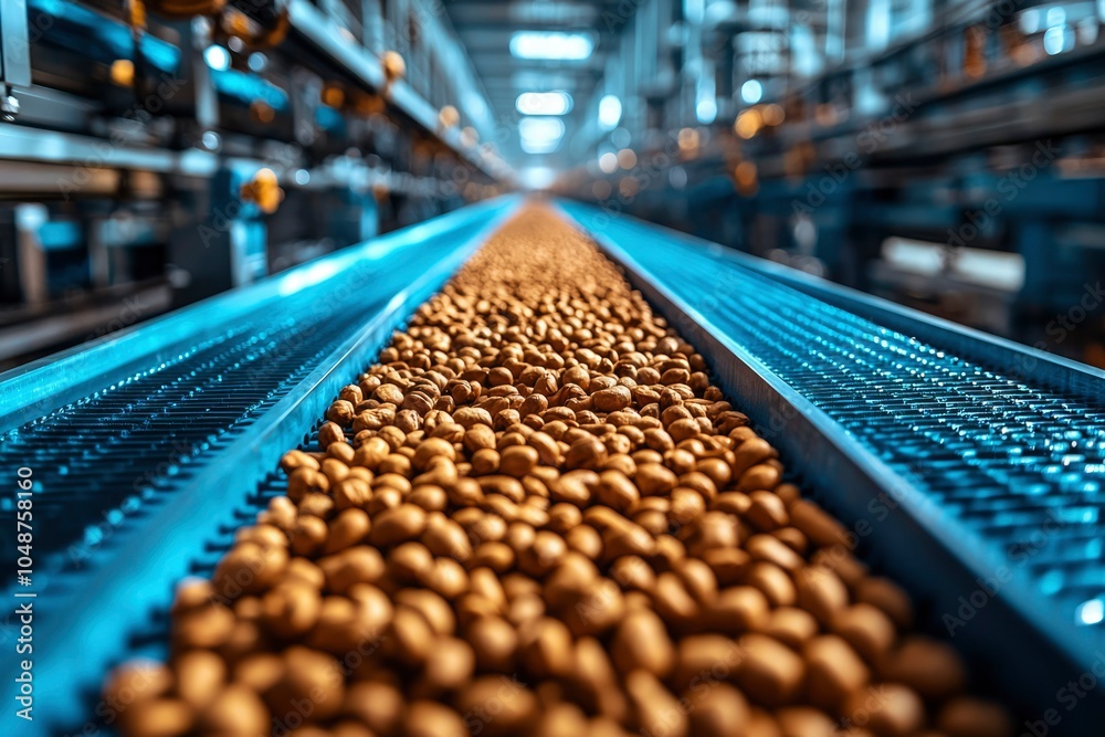 Conveyor Belt Carrying a Stream of Brown Nuts in a Factory Conveyor Belt Carrying a Stream of Brown Nuts in a Factory