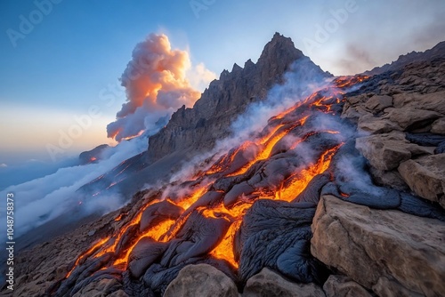 A dramatic volcanic eruption with flowing lava and smoke against mountains. photo