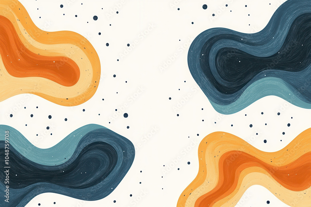 Modern Abstract Wave Pattern in Blue, Orange, and Cream with Organic Flow Design Modern Abstract Wave Pattern in Blue, Orange, and Cream with Organic Flow Design