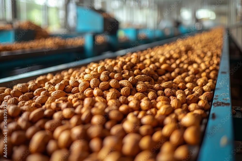 Fototapeta premium Close-up of Peanuts Moving on a Conveyor Belt in a Processing Plant