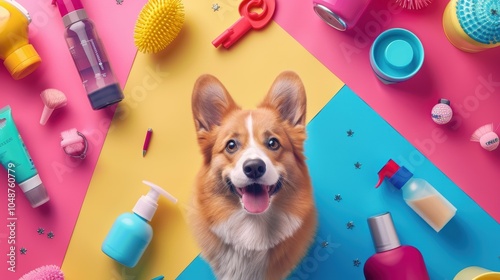 Vibrant Pet Supply Sale Banner Featuring Grooming Products and Yorkshire Terrier