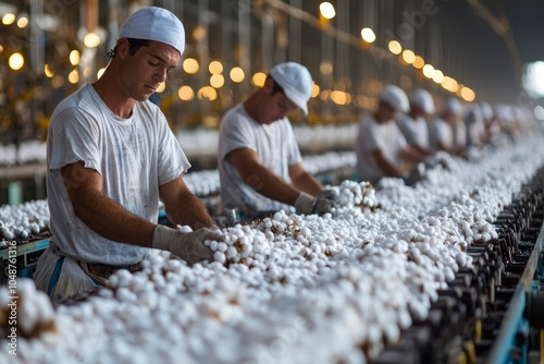 Workers in a Factory Processing Cotton Bolls on a Conveyor Belt