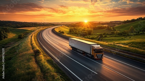 Scenic sunset over winding highway with semi-truck in motion