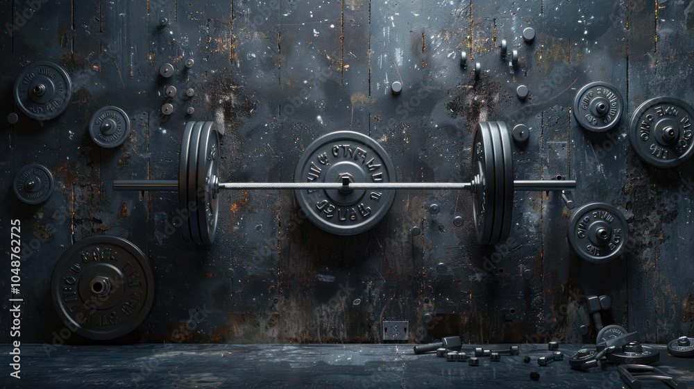 Black barbell with weight plates against a distressed black background. Black barbell with weight plates against a distressed black background.