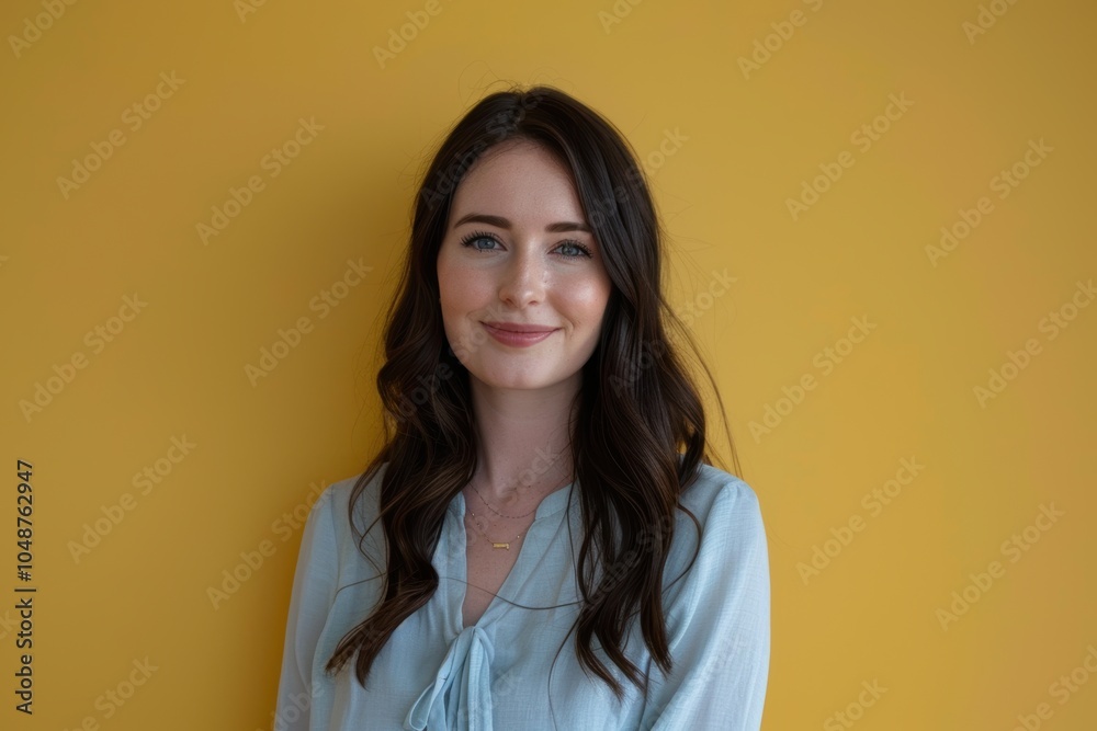Confident Professional Woman with Long Dark Hair Against Yellow Wall for Business Profile Confident Professional Woman with Long Dark Hair Against Yellow Wall for Business Profile