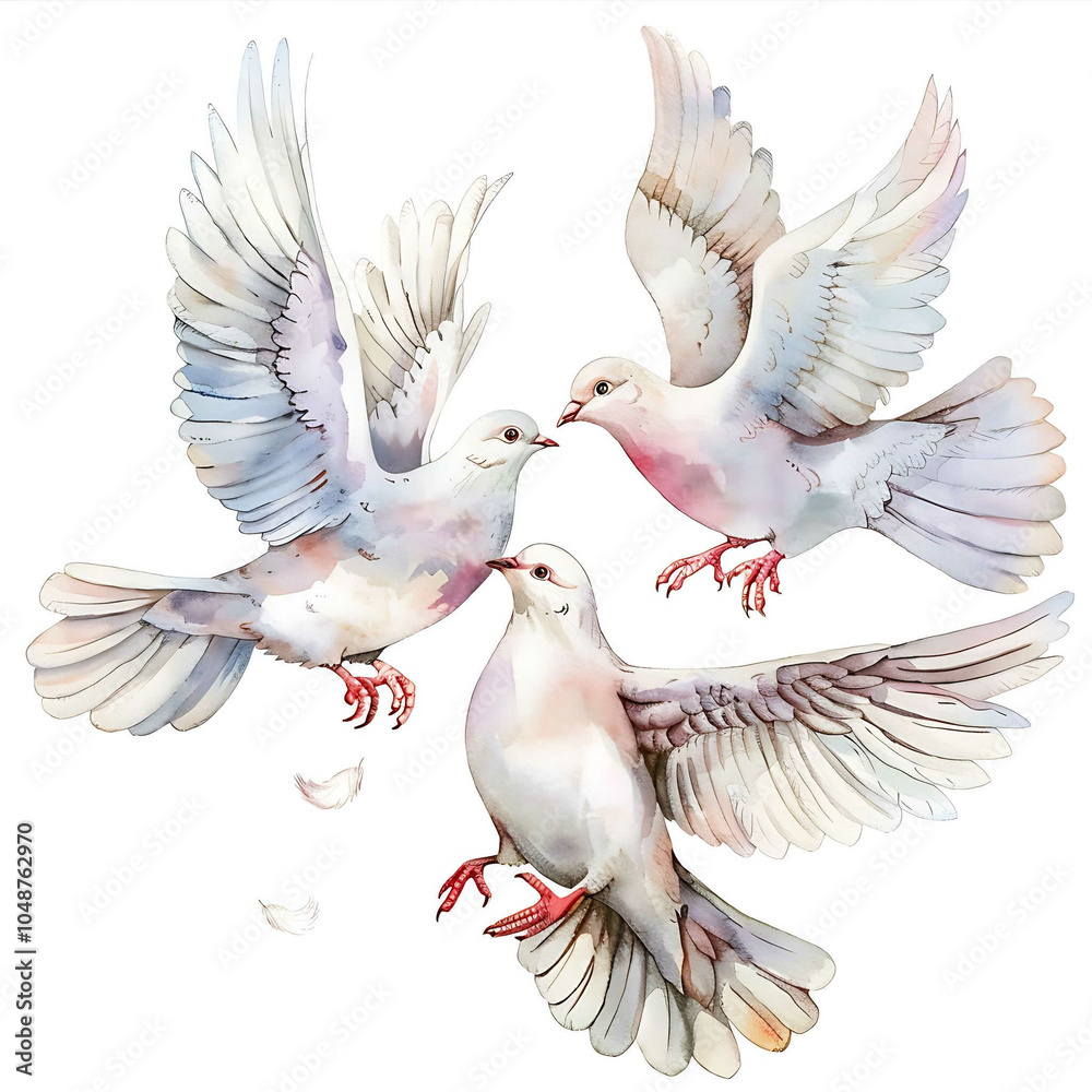 Fototapeta premium Flying white dove birds watercolor illustration. Symbol of peace. white Pigeon isolated on white background. Decorative design elements