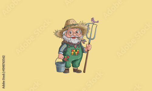 Cheerful farmer holding a pitchfork and a bucket.