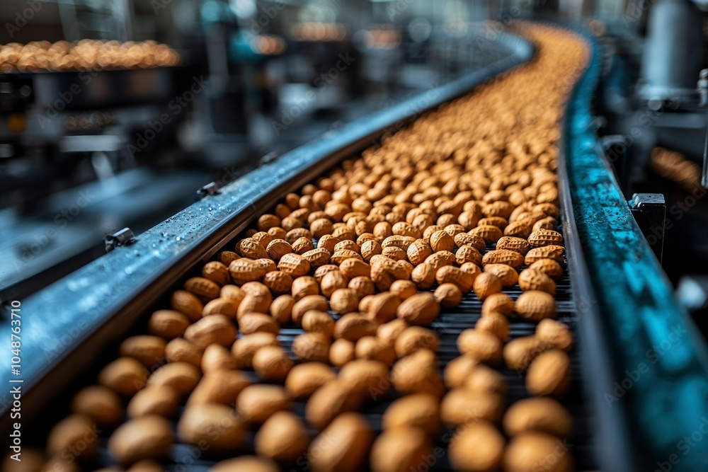 Close-up of Peanuts Moving on a Conveyor Belt in a Food Processing Facility Close-up of Peanuts Moving on a Conveyor Belt in a Food Processing Facility