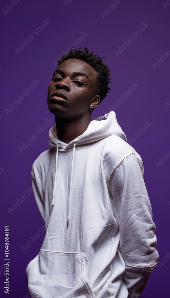 Youthful Confidence: Casual Style in White Hoodie Against Purple Backdrop for Fashion Editorial Youthful Confidence: Casual Style in White Hoodie Against Purple Backdrop for Fashion Editorial