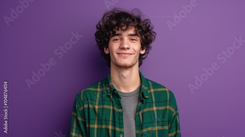 Young Man with Curly Hair in Green Flannel Standing Against Purple Background