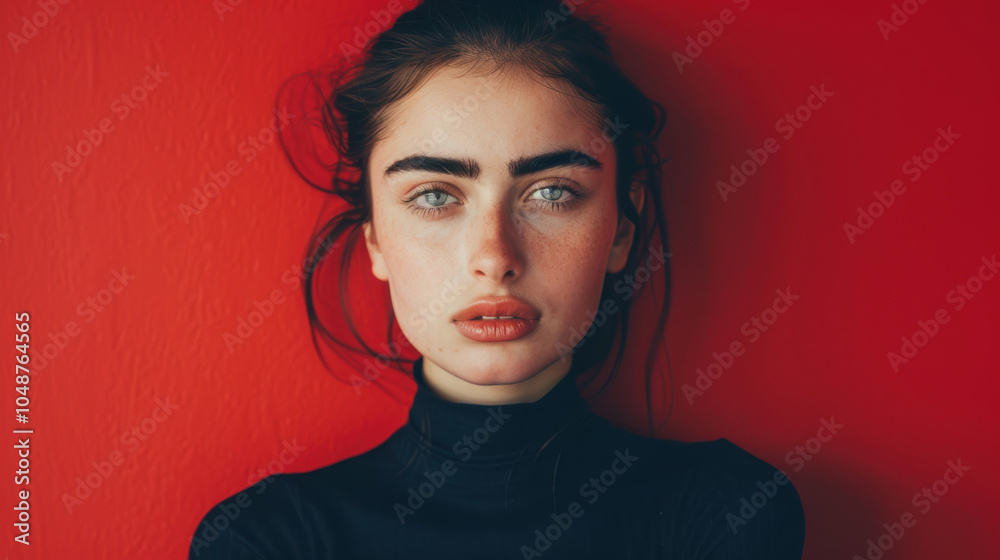 Confident Young Woman Against Bold Red Background for Empowerment and Strength Themes Confident Young Woman Against Bold Red Background for Empowerment and Strength Themes