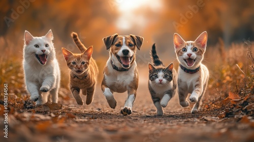 Playful pets running through the autumn leaves