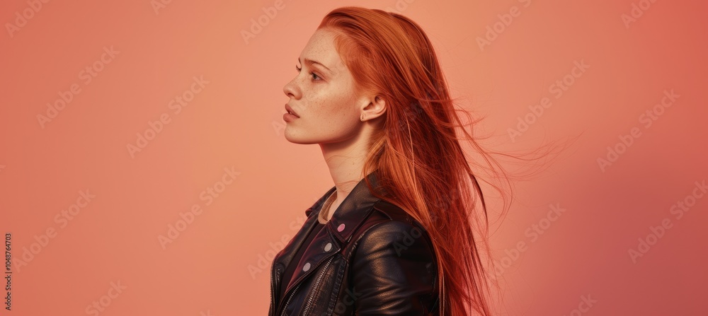 Confident Young Woman with Red Hair in Black Leather Jacket Against Coral Background Confident Young Woman with Red Hair in Black Leather Jacket Against Coral Background