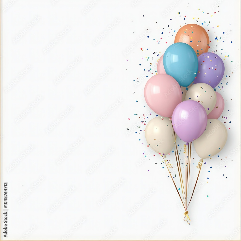 Colorful Balloon Celebration with Garland and Confetti on White Background Colorful Balloon Celebration with Garland and Confetti on White Background