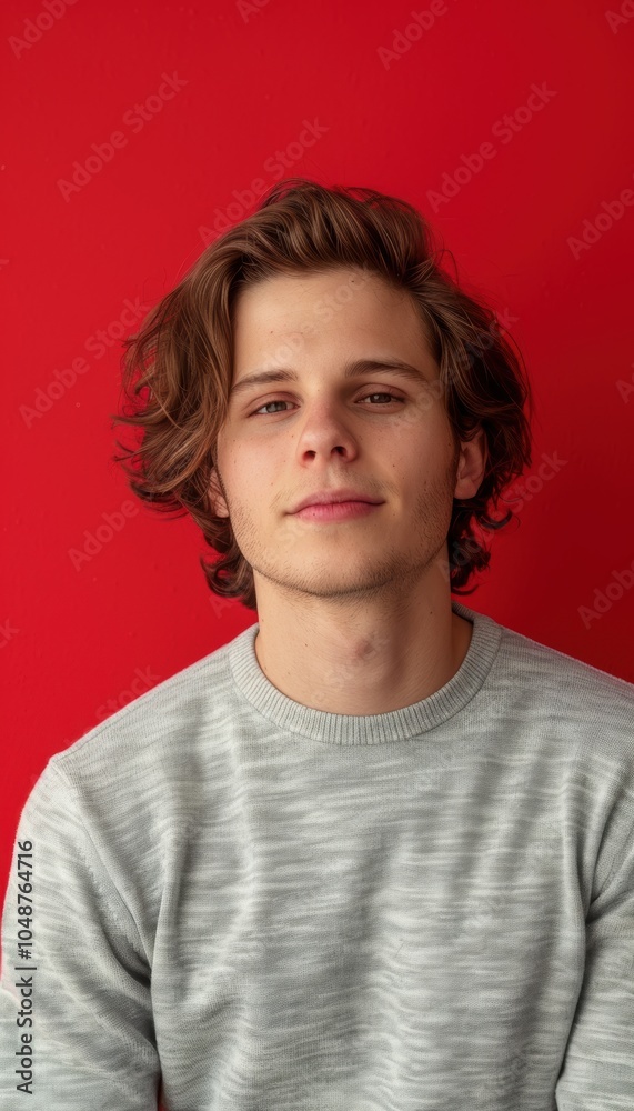 Confident Young Man in Grey Sweater Against Vibrant Red Backdrop for Portrait Design Confident Young Man in Grey Sweater Against Vibrant Red Backdrop for Portrait Design